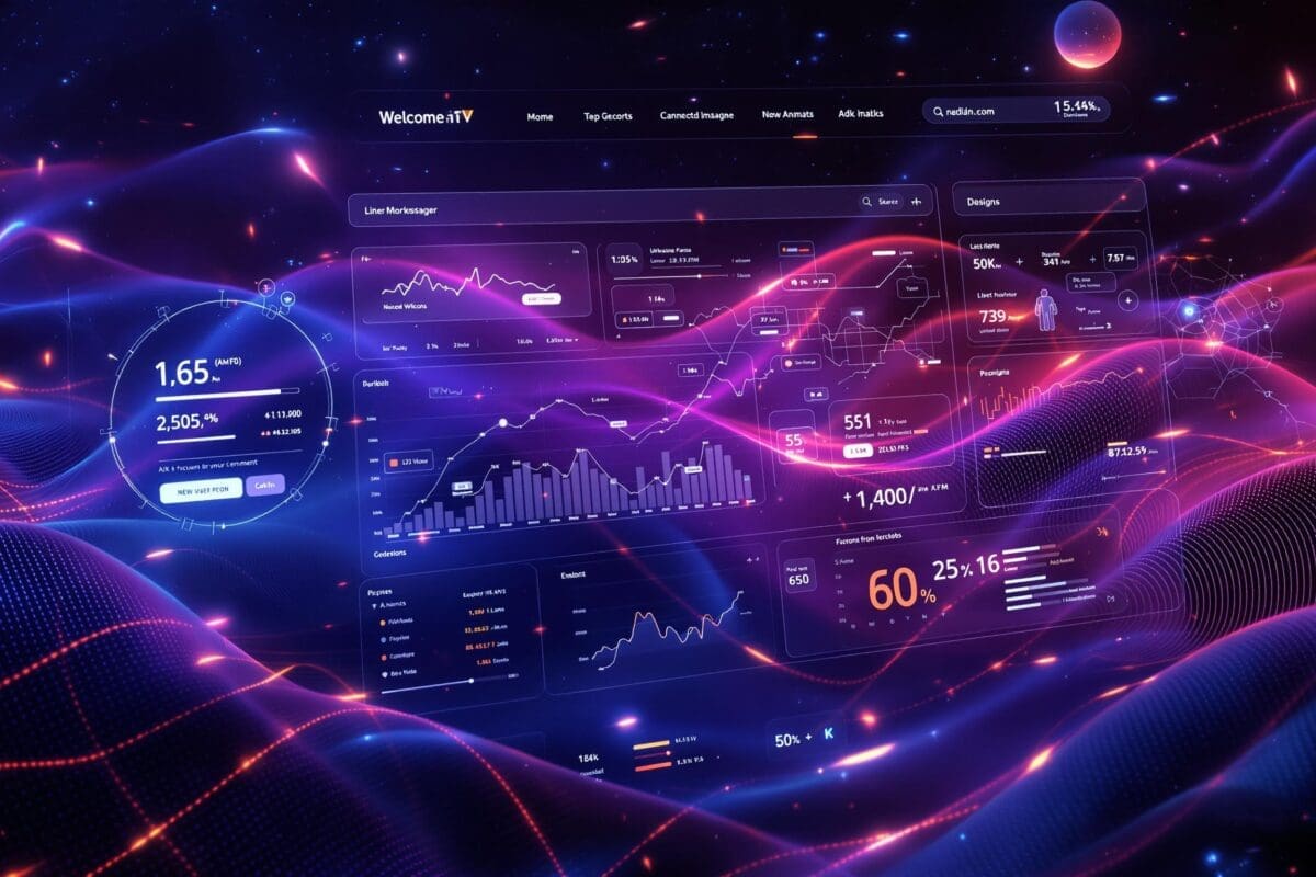 Tableau de bord d'analyse Web avec des graphiques, des statistiques et des pourcentages, Interface web