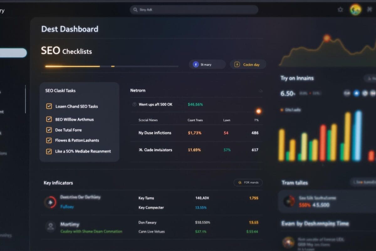 Technical SEO dashboard with checklists, key indicators, and performance charts. Tableau de bord d'une checklist de SEO Technique