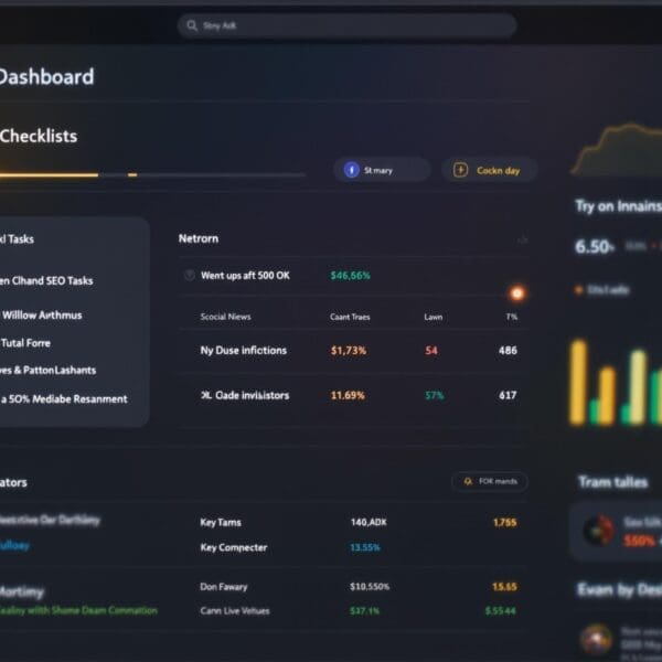 SEO dashboard with checklists, key indicators, and performance charts. Tableau de bord d'une checklist de SEO Technique