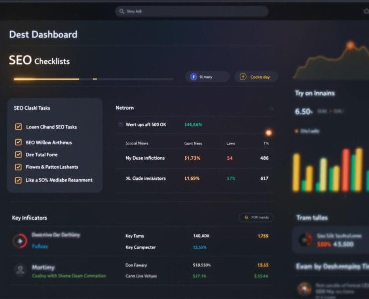 SEO dashboard with checklists, key indicators, and performance charts. Tableau de bord d'une checklist de SEO Technique