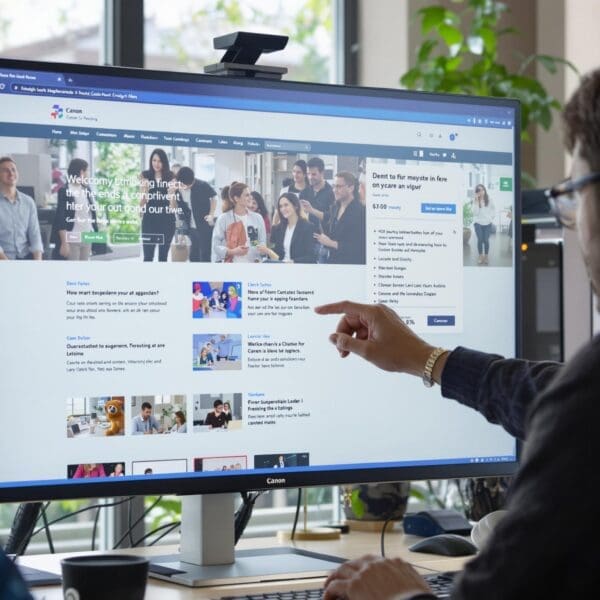 Man pointing at a website on a computer screen after a refonte site web.