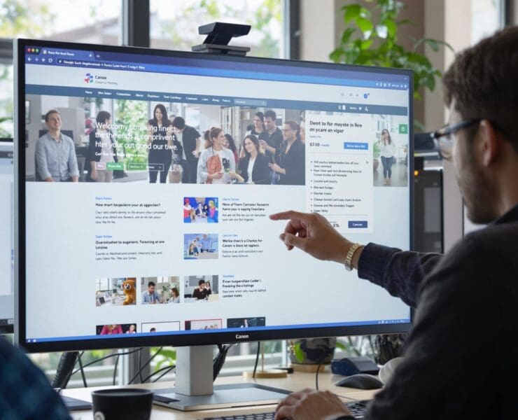 Man pointing at a website on a computer screen after a refonte site web.