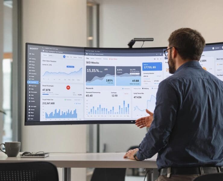 Homme analysant des données SEO d'une campagne de programmatique SEO sur un écran incurvé Sony, Programmatique SEO, pSEO