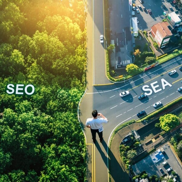 SEO vs SEA: man at the crossroads of organic and paid traffic.
