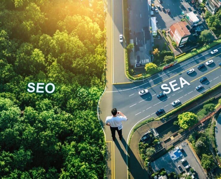 SEO vs SEA: man at the crossroads of organic and paid traffic.