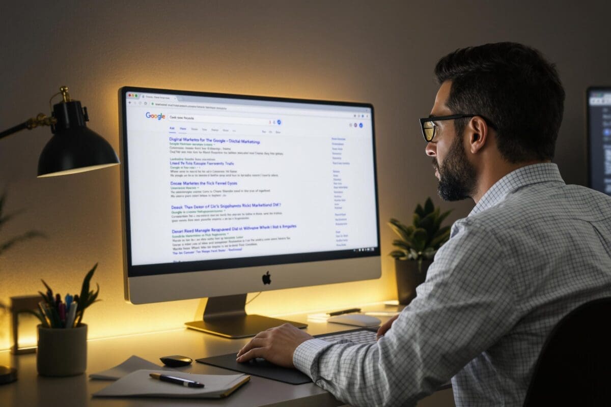 Man working on a computer, searching on Google. Résultats enrichis, Rich Snippets