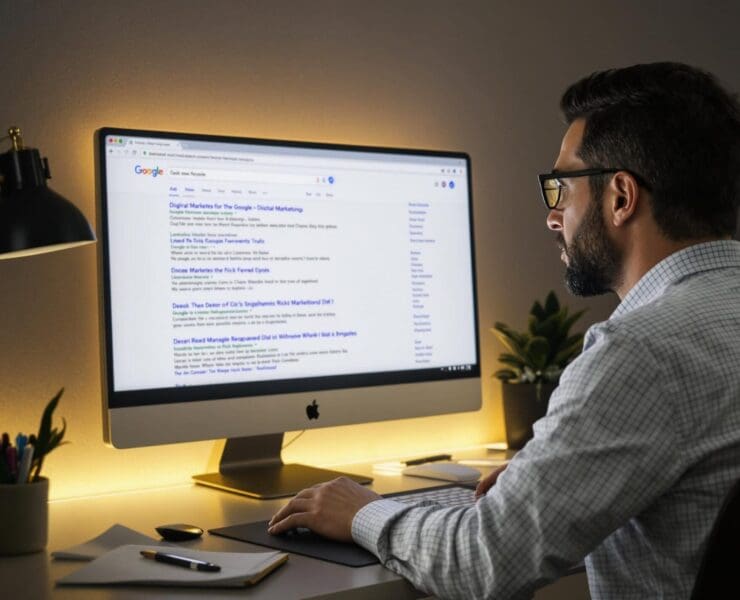 Man working on a computer, searching on Google. Résultats enrichis, Rich Snippets