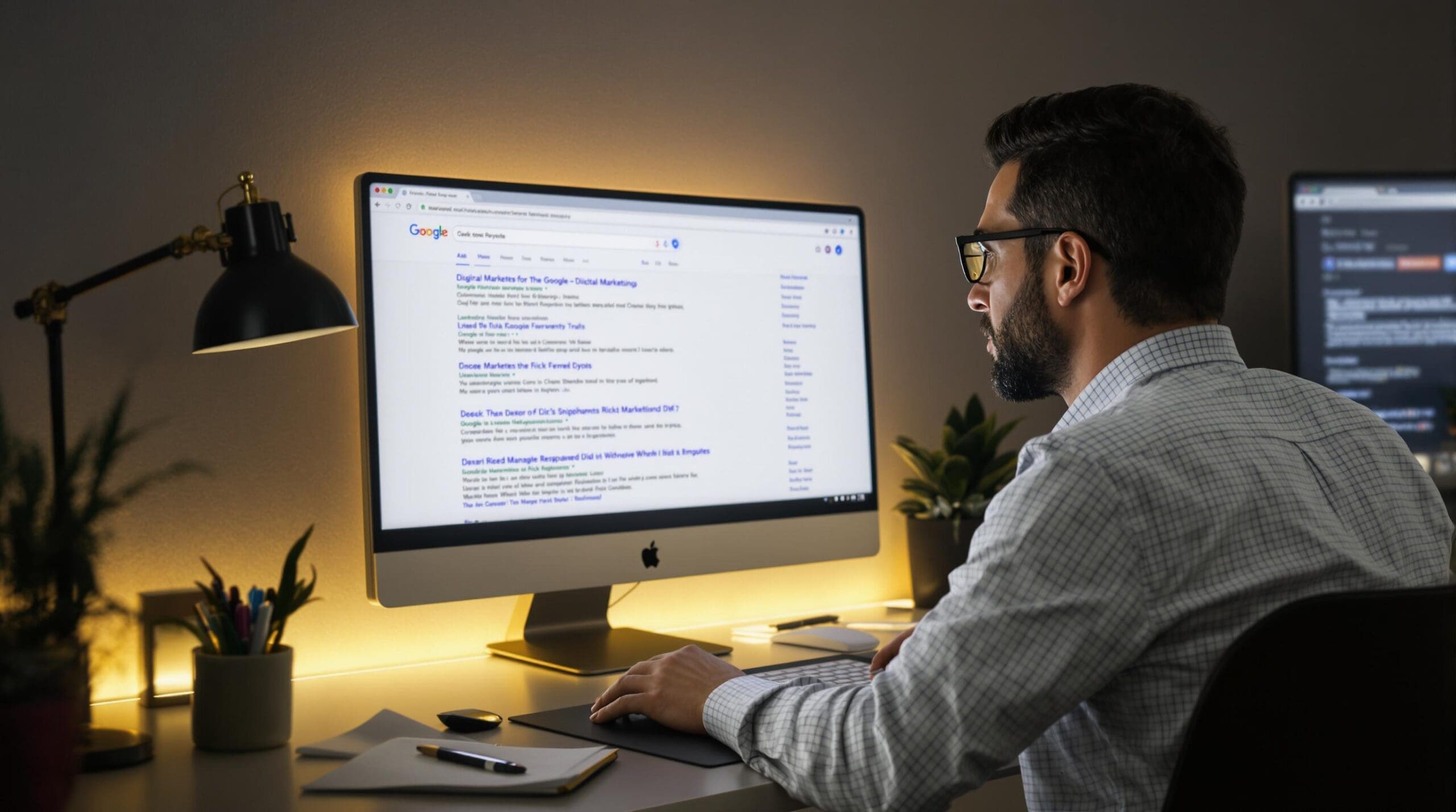 Man working on a computer, searching on Google. Résultats enrichis, Rich Snippets