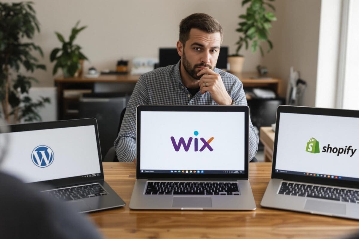 Man contemplating WordPress, Wix, and Shopify on laptops. Meilleures plateformes web pour PME
