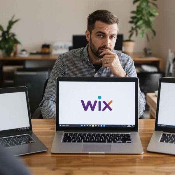 Man contemplating WordPress, Wix, and Shopify on laptops. Meilleures plateformes web pour PME