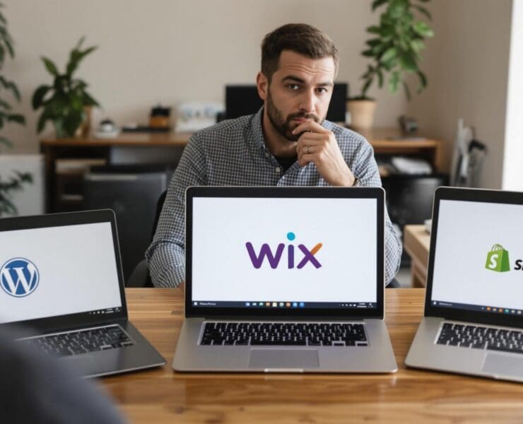 Man contemplating WordPress, Wix, and Shopify on laptops. Meilleures plateformes web pour PME
