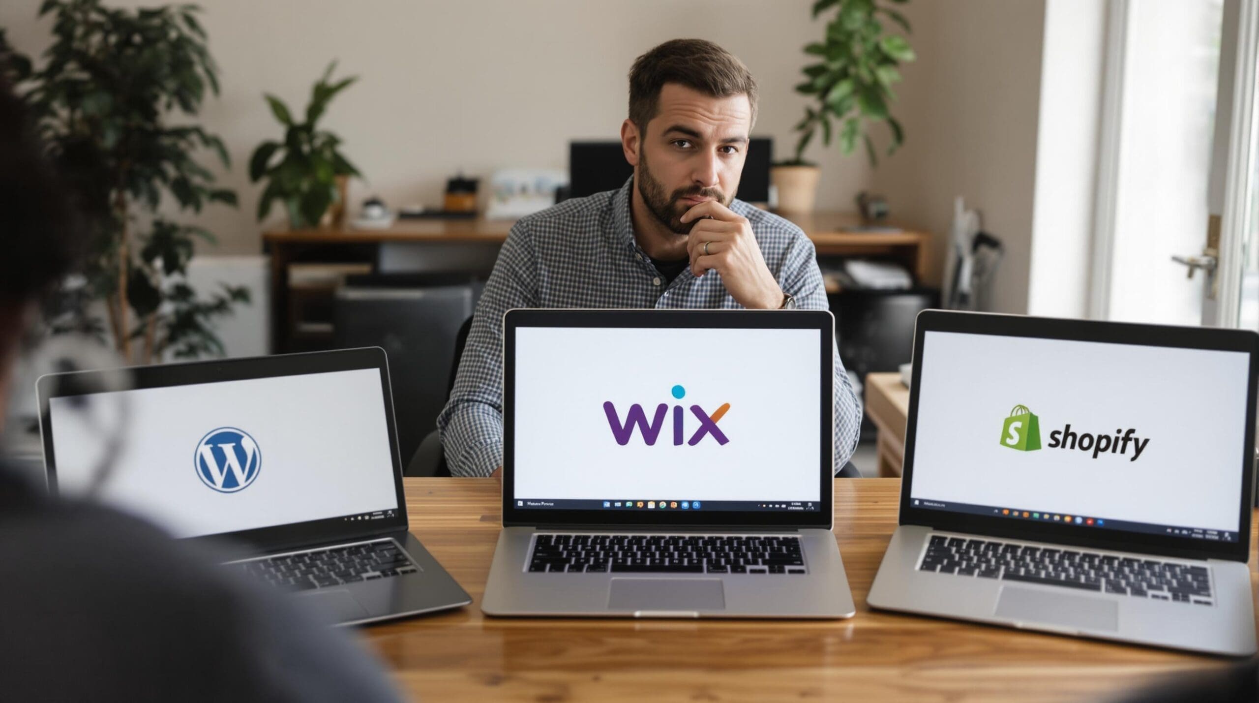 Man contemplating WordPress, Wix, and Shopify on laptops. Meilleures plateformes web pour PME